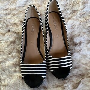 Corelli Black & White Striped Wedge Peep Toe Heels